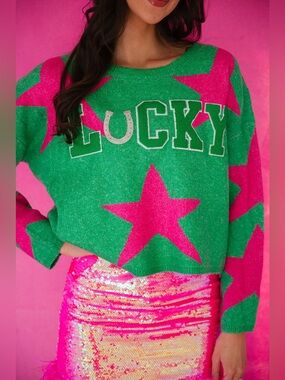 Judith March Lucky Horseshoe Star Sweater Green Pink Rhinestone Size M
